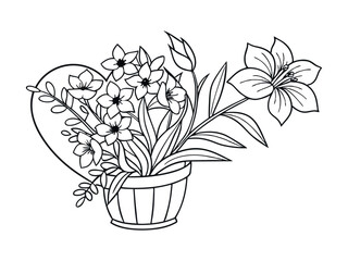 Flowers in heart shape on a pot line art design for coloring book for adults, tattoo, T-shirt graphic, cards