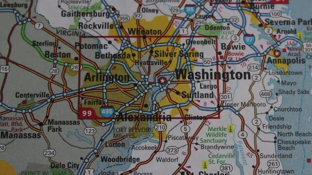 Close up of the USA on a map with Washington DC in sharp focus. Washington on a map 
