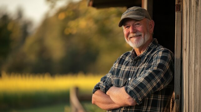 A senior male farmer stands proudly in front of his rustic home, showcasing a warm smile amidst a tranquil rural landscape. Ideal for themes of agriculture and heritage.