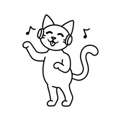 A Black and White Cute Cat with headphones listening music Line Sketch for Digital Design Projects