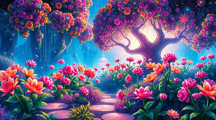 Lush digital garden painting with holographic flowers and data streams, blending nature and technology in a vibrant pixelated dreamscape