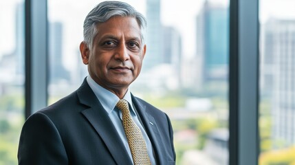 Fototapeta premium A poised senior South Asian man in business attire stands confidently by a window, providing a professional and stylish portrait in an urban environment.
