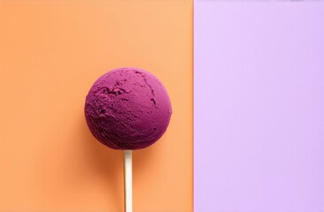 purple scoop of ice cream on stick on geometric multicolored background with copy space