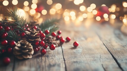 Festive Christmas Decorations with Pinecones and Holly Berries