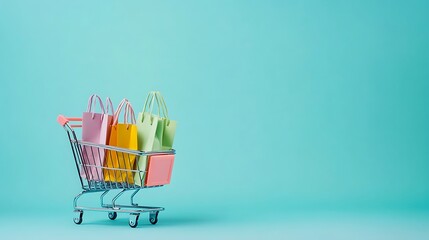Colorful Shopping Bags and Cart on Minimalist Blue Background for Online Retail and E-commerce