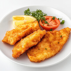 A plate of crispy fried fish fillets with lemon, tomato, and parsley garnish food