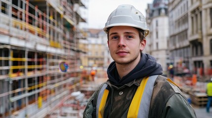 Fototapeta premium A young man wearing a safety helmet and work gear poses confidently at a construction site. The bustling background showcases a vibrant construction environment, emphasizing hard work and dedication.
