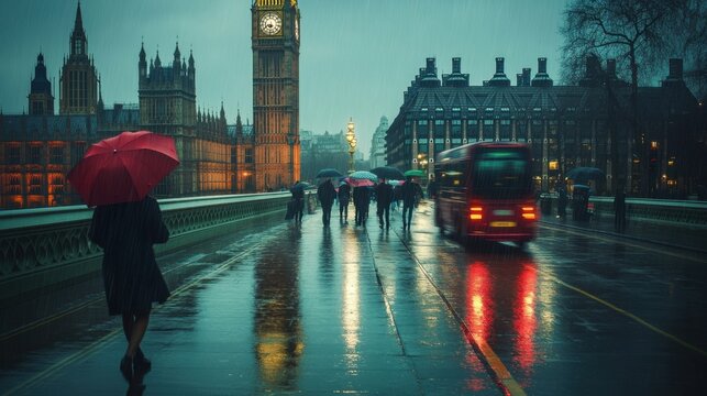 Rainy Day in London: An individual walks along a rain-slicked street, under the protection of a red umbrella, with the iconic Big Ben and other architectural structures in the background. - Powered by Adobe