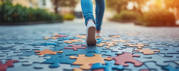 Pathway of floating puzzle pieces forming under walking figure, decision-making and mental clarity concept