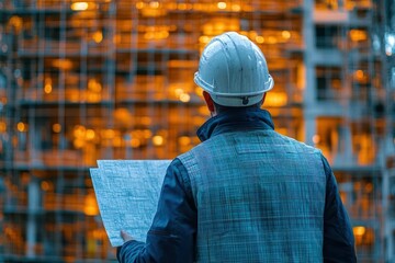 Construction worker reviewing blueprints