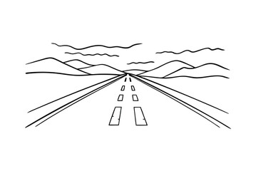 Graphic Outline Of A Road Leading To Distant Mountains With Cloudy Sky