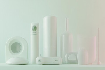 Modern minimalistic arrangement of white household items on a light surface