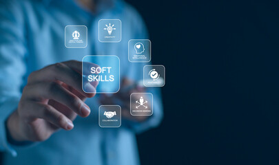 Soft skills HR concept, Businessman with icons emotional intelligence, creativity, collaboration, adaptability, decision making and analytical thinking. business training
