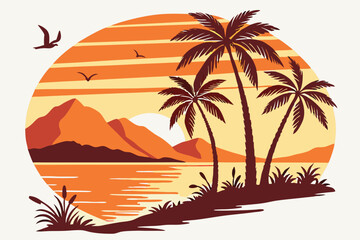 14 Retro sunset landscape, circular composition, tropical beach silhouette, palm trees, mountains, vibrant orange and yellow sky, gradient colors, minimalist design, vector art style, flat illustratio