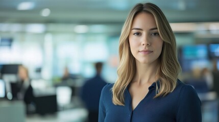 Fototapeta premium A young female journalist stands confidently in a modern office setting, embodying professionalism and determination amid a vibrant media environment.