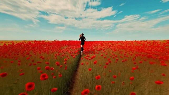 Woman Running Through Poppy Field (2)