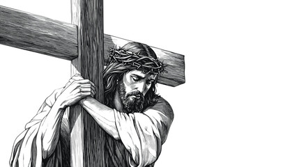 Artistic monochrome rendering of Jesus carrying the cross, retro sketch style emphasizing strength and forgiveness