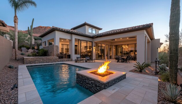 Modern desert home with pool and fire pit