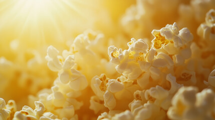 Close-up of popcorn against warm sunlight, creating an inviting and delicious atmosphere. 