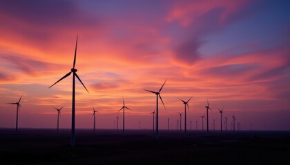 Obraz premium Wide angle view of multiple wind turbines at sunset in open field with vibrant colorful sky and dramatic cloudscape illustrating renewable energy and sustainable power