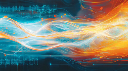 A dynamic background of orange and blue flames with flowing energy waves, representing the power of AI technology in data analysis.