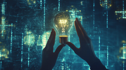  A pair of hands holding up an illuminated light bulb against the backdrop of digital code, symbolizing innovation and technology