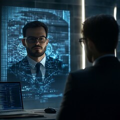 Futuristic Businessman Hologram Digital Data Screen Technology web code blue dark light cyber world 