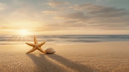 Fototapeta na wymiar Starfish and shell art on the ocean shore sunrise beach scene tranquil sea environment nature's beauty