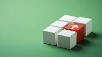 Obraz premium A white cube and a red box with an arrow pointing up on the right side of it, surrounded by three other white cubes on a green background