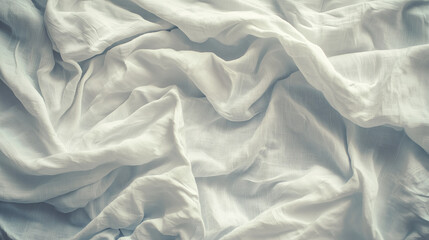 Obraz premium A close-up of white linen fabric, crumpled and draped over the bed in an abstract composition. The texture is detailed with ripples on its surface, capturing light from above. Soft shadows add depth 