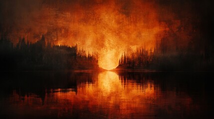 Fiery Forest Lake Reflection at Night