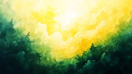 Fototapeta premium Abstract Watercolor Sky Painting with Yellow and Green Clouds