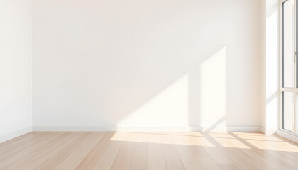 Minimalist empty room template featuring smooth white plaster walls, warm beige wooden flooring with soft sunlight shadows, elegant home interior setting, stylish product display mockup background f