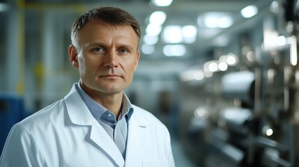 A middle-aged man wearing a lab coat stands confidently in a modern laboratory. His serious expression conveys professionalism and expertise in his field.