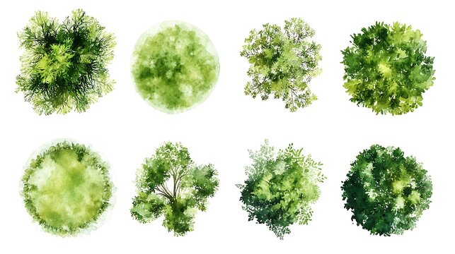 Greenery layout watercolor style top view plants for architecture landscaping garden planner image
