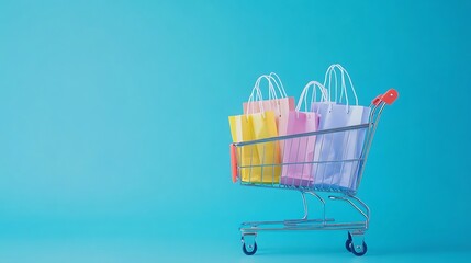 Colorful Shopping Bags and Cart on Minimalist Blue Background for Online Retail and E-commerce