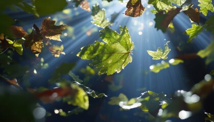 Visual exploration of nature's beauty leaves illuminated by sunlight forest environment close-up viewpoint