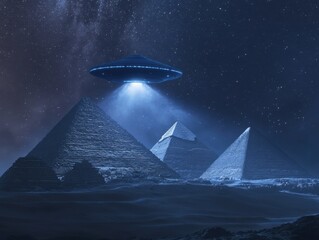 Mysterious Encounter: A surreal digital artwork depicts a futuristic spacecraft hovering over the ancient pyramids under the celestial glow, illuminating the earth with a mysterious beam.