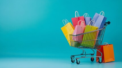 Colorful Shopping Bags and Cart on Minimalist Blue Background for Online Retail and E-commerce