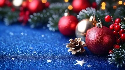 Festive Red and Gold Christmas Ornaments placed on Blue Glittery Background