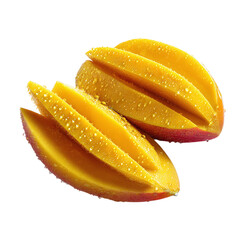 Juicy sliced mango with droplets and vibrant color, isolated PNG format, transparent background, high-resolution, suitable for stock image use --v 7.0