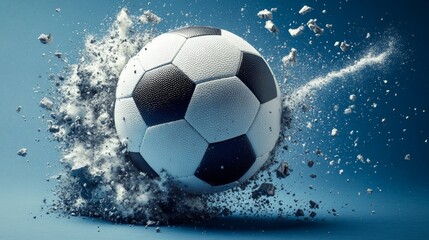 Fototapeta premium A soccer ball disintegrating into tiny pieces set against a blue backdrop
