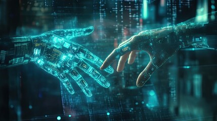 Technological Integration: Digital Hand Reaching Out in Futuristic Scape