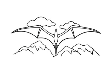 Pterodactyl Dinosaur Flying Over Mountains And Clouds Vector Illustration In Black And White © pankajkumar