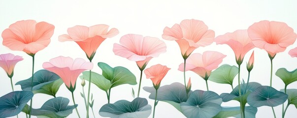 Obraz premium A white background features a frame containing a watercolor hibiscus flower in shades of pink and orange