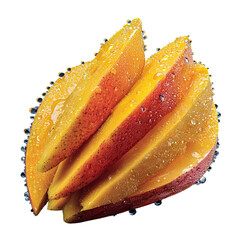 Juicy sliced mango with droplets and vibrant color, isolated PNG format, transparent background, high-resolution, suitable for stock image use --v 7.0