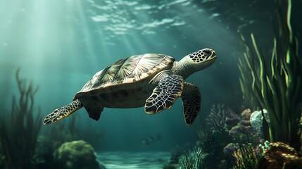 Obraz premium a majestic sea turtle swimming gracefully above a coral garden