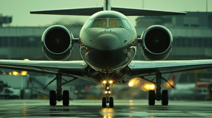 Obraz premium A close-up shot of an airplane's nose and engines on the runway, with the tarmac in focus and the airplane speeding up