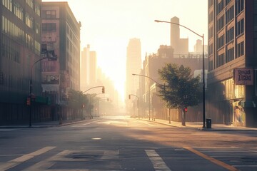Fototapeta premium Morning light bathes an empty city street with tall buildings and a soft haze