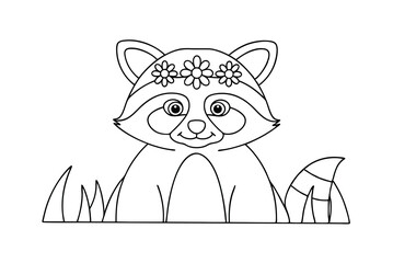 Cute Raccoon With Flower Crown In Grass Black And White Outline Drawing